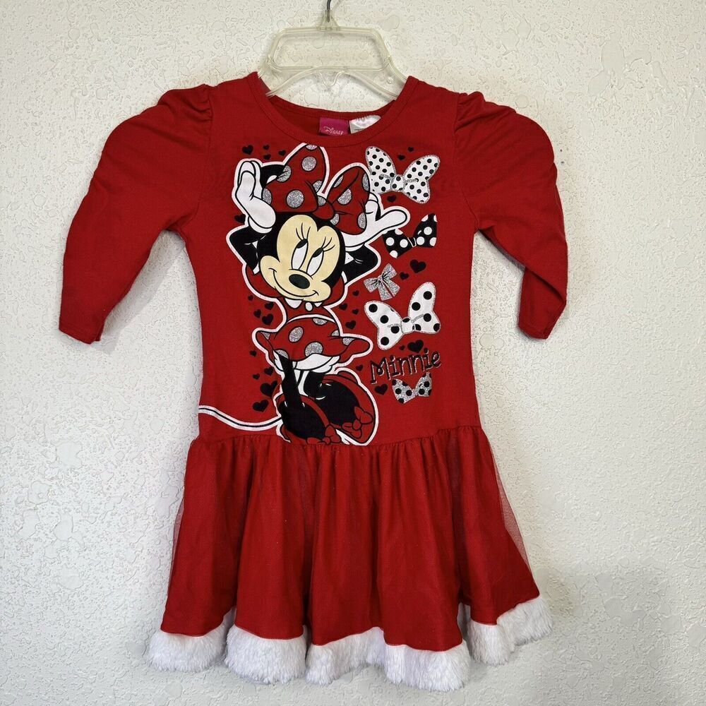 Disney Minnie Mouse Red Dress Girl Size‎ 6 6X White Fur Trim Christmas